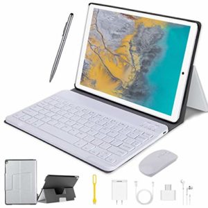 4G LTE Tablet Touchscreen 10 Zoll, Android 9.0 2 in 1 Tablet mit Tastatur 4 GB RAM und 64 GB ROM, 8000 mAh 5.0 MP 8.0 MP HD Kamera, Dual-SIM, WiFi, Bluetooth, GPS, OTG, Typ C silber